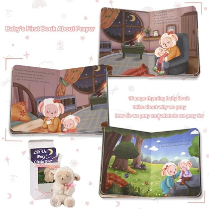 MyMateZoe Baptism Gifts for Girl, Great Christening, Dedication and Baptism Gift Set for Girl and Newborn Baby, Includes 7" Praying Lamb Plush Toy and Let Us Pray Baby Book in Keepsake Gift Box - color: Pink-lamb