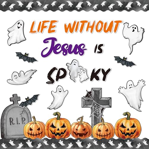 BeYumi Halloween Bulletin Board Set - 67Pcs Halloween Christian Bulletin Board Set Life without Jesus Is Spooky Cross Pumpkin Cutout Border Trim Religious Sunday School Classroom Chalkboard Wall Decor - style: Life without Jesus Is Spooky