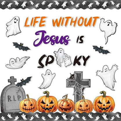 BeYumi Halloween Bulletin Board Set - 67Pcs Halloween Christian Bulletin Board Set Life without Jesus Is Spooky Cross Pumpkin Cutout Border Trim Religious Sunday School Classroom Chalkboard Wall Decor - style: Life without Jesus Is Spooky