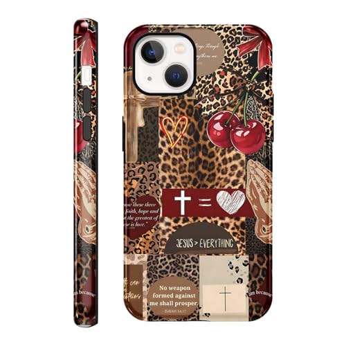 for iPhone 15 6.1'' Brown Cheetah Christian Phone Case - color: Red Cherry Leopard Collage, size: iPhone 15