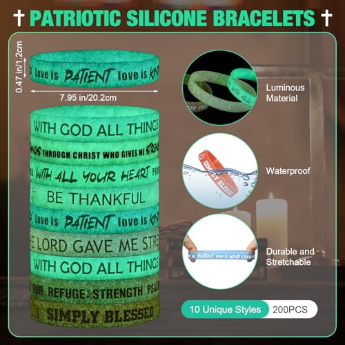 Ecation 200 Pack Glow in the Dark Silicone Bible Verse Bracelets Bulk, Inspirational Scripture Wristbands for Church Groups, Sunday School, Religious Events - Christian Gift Ideas - color: Retro Color