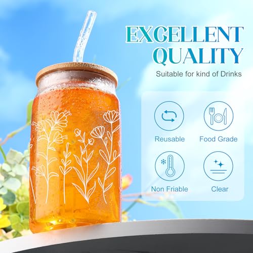 Havawish 12 Pcs Flower Glass Cups with Gift Boxes Glass Cups with Bamboo Lids and Straws Cute Coffee Tumbler for Women Bridesmaid Mothers Day(Boho)