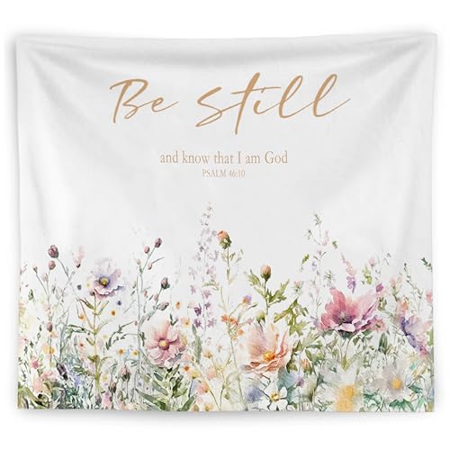 WNAGT Wildflower Christian Tapestry Wall Hanging, Bible Verse Tapestry, Be Still and Know That I Am God Scripture Religious Wall Blanket Decor for Girls Bedroom Dorm Home, 50x60 Inch - color: G