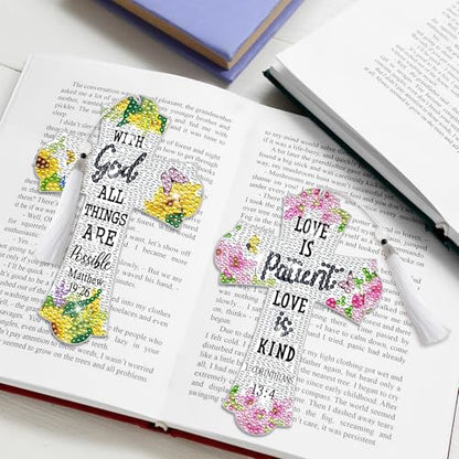 8 Pieces Christian Bible Verse Diamond Art Bookmarks 5d Christian Beaded Bookmark Acrylic Tassel Bookmark for DIY Making Beginners Adults Arts Craft Supplies (Floral) - color: Floral