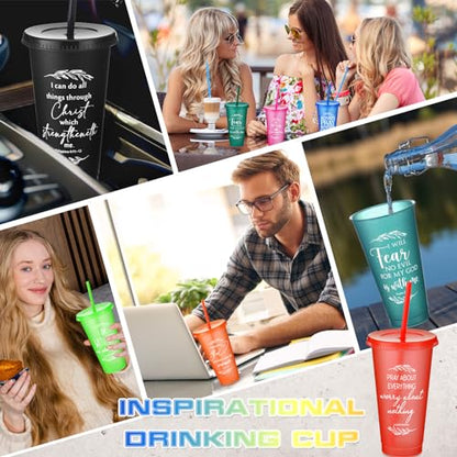 Havawish 12 Christian Tumbler Gift Bulk Religious Inspirational 24 oz Drinking Jesus Cup with Lid Straw Bible Verse Plastic Cup for Grandparents Pastor Clergy Church Sunday School, Colour - color: Colour