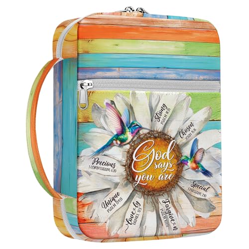 God Says You Are Bible Cover for Women with Handle and Zipper Pocket, Inspirational Canvas Bible Case with Hummingbird and Daisy Design, Fits Standard Size Bible, Christian Gift for Girls - color: Faith Accessories Z1