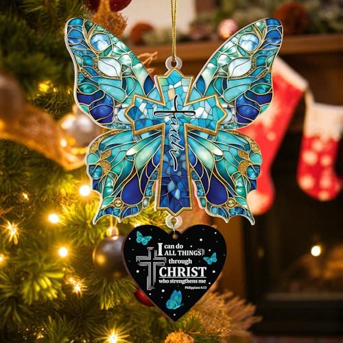 Butterfly Gifts for Women, Christian Cross Christmas Ornament, Religious Christmas Ornaments Christian Gifts for Women Religious Gifts for Mom Wife Sister Friends Coworker (Christian Butterfly Blue) - color: Christian Butterfly Blue