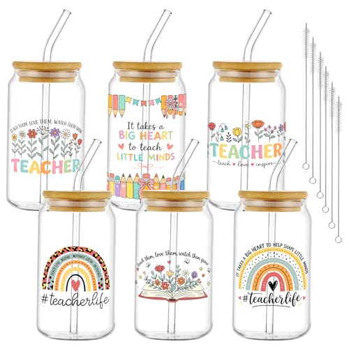 Glass Cups with Lids and Straws, 6Pack, 16oz, Floral Teacher - style: Floral Teacher Appreciation