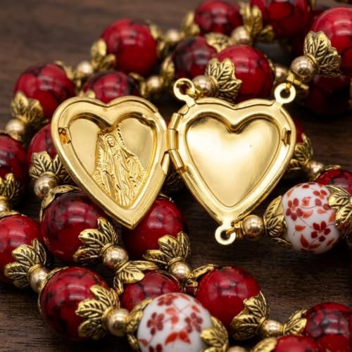 Nazareth Store Saint Benedict 10mm Glass Rosary Beads Catholic Necklace Flowers Mystery Bead Miraculous Medal Locket Cross Prayer Rosarios Catolicos - color: Red