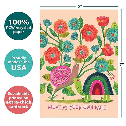 Tree-Free Greetings "Pace Yourself Snail and Turtle Get Well Card - 1 Recycled 5x7 Card & Matching Envelope, Thick Cardstock, Sustainably Made in USA - Encouraging Nature and Animal Theme - color: Your Own Pace