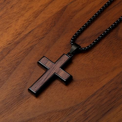 REVEMCN Black Walnut Wooden Cross Necklace for Men & Boys, 18-24" Box Chain - color: A - Black Walnut, size: 20+2