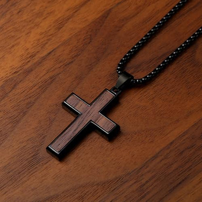 REVEMCN Black Walnut Wooden Cross Necklace for Men & Boys, 18-24" Box Chain - color: A - Black Walnut, size: 20+2