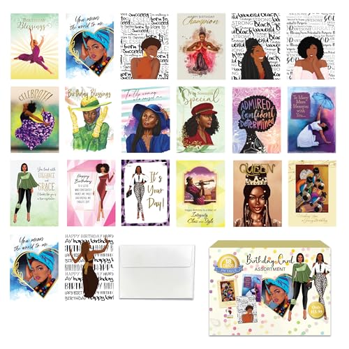 African American Birthday Cards Assortment Box – 18 Greeting Cards with Envelopes, Beautiful Black Women Designs – Birthday Gift for Women - style: Assortment 840