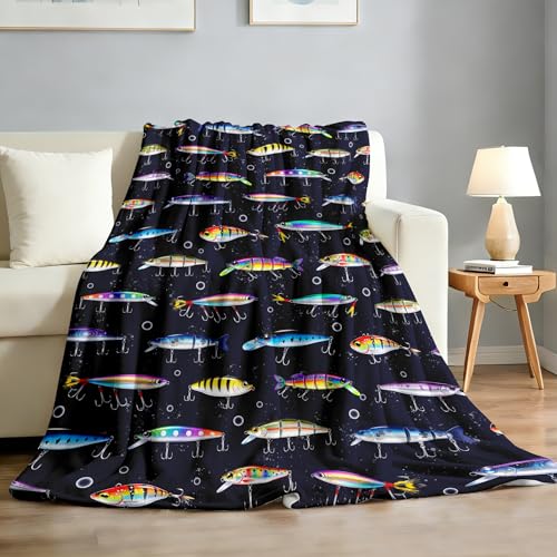 Fishing Blanket Gifts for Men Women Soft Flannel Fish Throw Blanket Merch Stuff Decor for Fishing Lovers 50"X 40" - color: Blue - Fish, size: 50"x40"