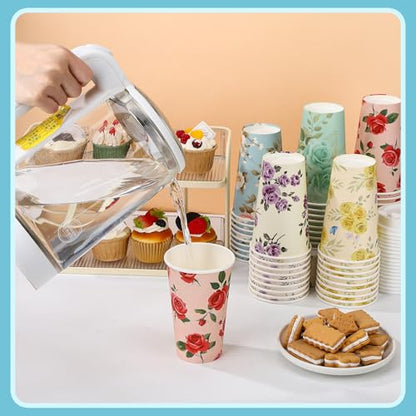 50 Pack 16 oz Disposable Coffee Cups with Lids Floral - style: Floral