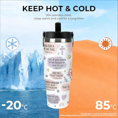 30 oz Christian Coffee Travel Mug with Handle and Straw, Scripture Bible Verses Stainless Steel Vacuum Insulated Tumbler, Water Bottle, Inspirational Gifts for Women - color: christian coffee travel mug