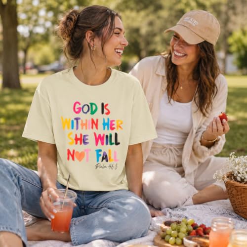 Sulayesh Christian Shirts for Women Jesus God is Within Her Tshirt Faith Inspirational Bible Verse Religious Graphic Tee Tops - color: Apricot, size: Large