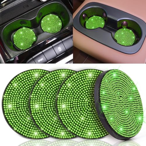 ToBeQueen Green Car Cup Coasters, 4 Pack Crystal Rhinestone Diamond Bling Car Coasters Universal Anti-Slip Shockproof Car Cup Holder Coaster Auto Interior Accessories for Women Girl, Grass Green - color: J-grass Green
