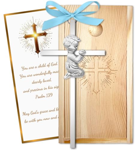 Baptism Gifts for Boys & Girls,First Communion Gifts for Kids,Christening Baby Shower Party 6in Praying Cross (1pc Silver Boy with Wooden Box) - color: Blue
