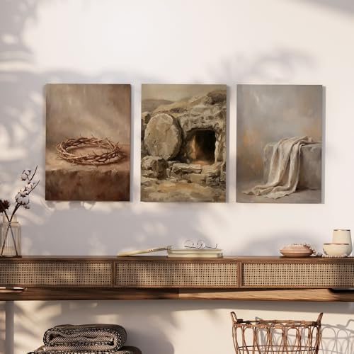 Reateforin Christian Easter Jesus Canvas Wall Art Christ Jesus Leaves the Tomb Wall Decor Painting Religion Bible Savior Resurrection Poster Print Picture for Church Prayer Room Living Room 12"x16" - color: brown gray christian art, size: 12x16 inches, 3