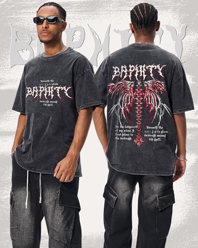 BAPHITY Mens Streetwear Crew Neck Cotton Graphic T Shirt - color: Black Wings, size: X-Large