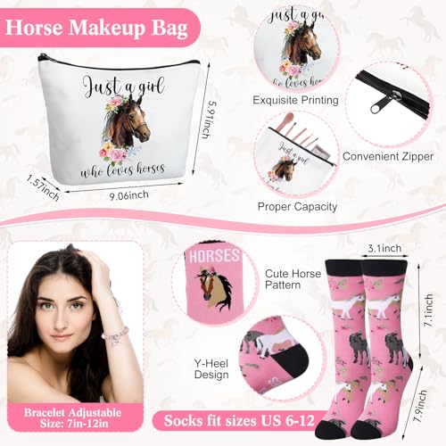 Pickmesh 7 Pack Horse Gifts for Birthday, Horse Racing Gift Set for Women, Canvas Tote Bag, Makeup Bag, 16 oz Glass Cup, Socks, Gift Card Natural Stone Bracelet with Box for Derby Party Favor - style: Horse