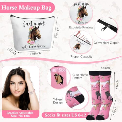 Pickmesh 7 Pack Horse Gifts for Birthday, Horse Racing Gift Set for Women, Canvas Tote Bag, Makeup Bag, 16 oz Glass Cup, Socks, Gift Card Natural Stone Bracelet with Box for Derby Party Favor - style: Horse