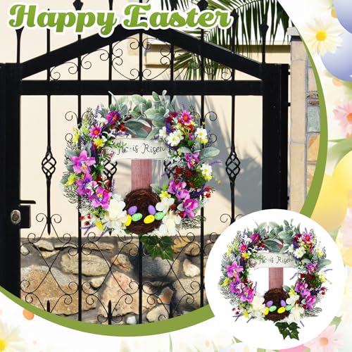Panelee 18 Inch Easter Wreath for Front Door Cross Wreath Christian Easter Hanging Decorations He Is Risen Religious Artificial Lilies Lavender Eggs Grape Vines Sign for Spring Home Wall Door(Elegant)