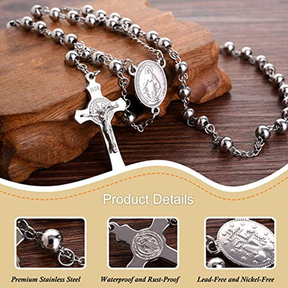 30" Stainless Steel Rosary Beads Necklace 6mm Silver Color with Jesus Christ Crucifix Cross Daily Prayer Baptism Confirmation Christmas Gift