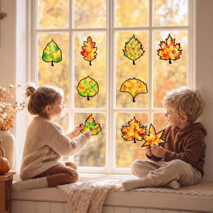 48PCS Fall Crafts Bulk: Leaves Paper Suncatchers DIY Kit for Autumn Thanksgiving Activities Decorations, Window Stained Glass Effect Art Supplies(Black,Style 2) - style: fall leaves black frame