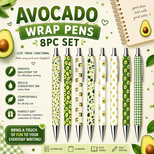 8PC Avocado Pens Ballpoint Writing Pen Bulk Gift Set Cute Avocados Fruits Green Fruit Theme Office School Journal Planner Desk Stationery Supplies Accessories Gifts for Women Men Students Adults - style: Avocado