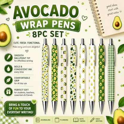 8PC Avocado Pens Ballpoint Writing Pen Bulk Gift Set Cute Avocados Fruits Green Fruit Theme Office School Journal Planner Desk Stationery Supplies Accessories Gifts for Women Men Students Adults - style: Avocado