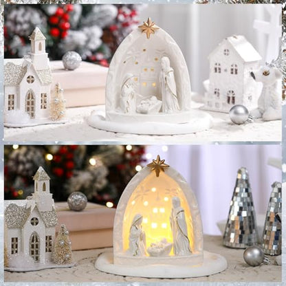 Cindeer Nativity Set for Christmas Indoor,Ceramic Nativity Scene with Light, Porcelain Statue Sculpted Hand Painted Figurine, Holy Family Manger Scene Tabletop Decor Gift(Classic) - style: Classic