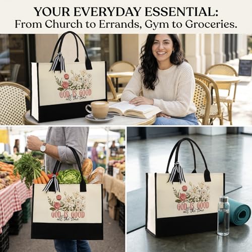 INSYOHO God Is Good All The Time Christian Tote Bag for Women - Large Canvas Bible Tote Bag with Makeup Pouch, Religious Gifts for Mom Friends Church Sunday Service & Bible Study Beach Birthday