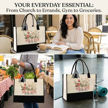INSYOHO God Is Good All The Time Christian Tote Bag for Women - Large Canvas Bible Tote Bag with Makeup Pouch, Religious Gifts for Mom Friends Church Sunday Service & Bible Study Beach Birthday