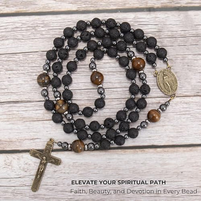 Lava Stone Black Rosary Beads for Men, Catholic Rosary Necklace with Saint Medal & Cross, Yellow Tiger Eye Beads Strong Rosary Cross Necklace in Portable Gift Box - style: Miraculous