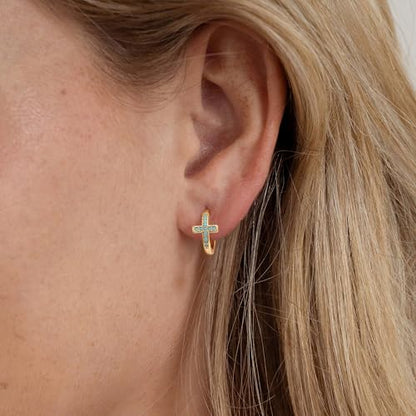 MYEARS Gold Cross Hoop Earrings for Women Trendy 14K Gold Plated Small Hoops Huggie Earrings White Cubic Zirconia Turquoise Minimalist Simple Christmas Christian Cross Jewelry Gifts - color: Turquoise