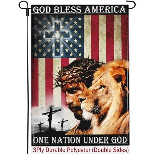 One Nation Under God Patriotic God Bless America Christian American Jesus Garden Flags - 12x18 Double Sided for 4th of July, Memorial Day, Easter Outdoor House Decoration