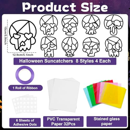 Lonfliness 32 Sets Sugar Skull Suncatchers Crafts Kit DIY Day of The Dead Window Stained Glass Effect Paper Halloween Dia de Los Muertos Easter Art Craft Creative Activity Project Gift Favor - style: Halloween Skull