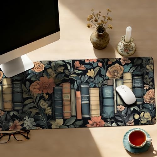 Books and Flowers Mouse Pad,35.4 x 15.7 Inch Large Mouse Mat Non-Slip Rubber Stitched Edges for Writing Desk,Office,Home,Laptop - color: Books and Flowers, size: 35.4L x 15.7W inches
