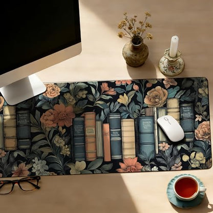 Books and Flowers Mouse Pad,35.4 x 15.7 Inch Large Mouse Mat Non-Slip Rubber Stitched Edges for Writing Desk,Office,Home,Laptop - color: Books and Flowers, size: 35.4L x 15.7W inches