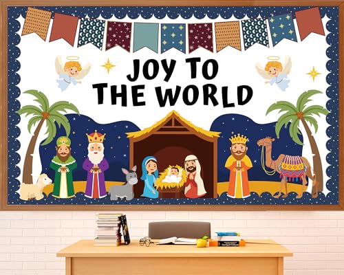 Christmas Nativity Scene Bulletin Board Set Christian Jesus Birth Classroom Decoration Joy to The World Bulletin Board Religious Paper Cutouts for Sunday School Classroom Church Chalkboard Wall Decor - style: JOY TO THE WORLD