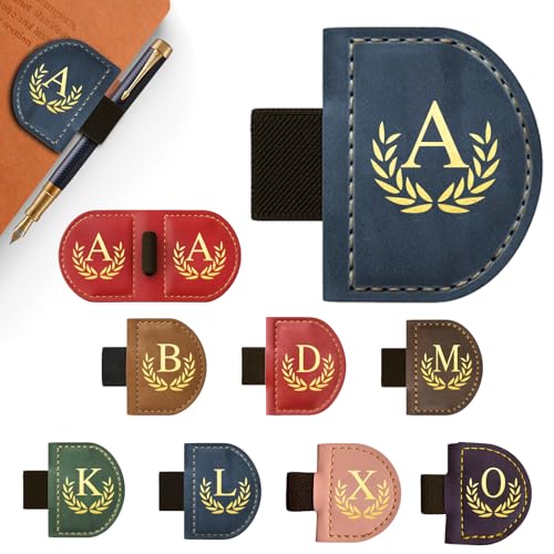 Personalized Leather Magnetic Bookmark with Pen Holder, Custom Bygone Mark Bookmark with Pen Holder, Custom Bookmarks with 26 Letters for Reading Women, Men, Teachers, Book Lovers?Blue?A? - color: Blue