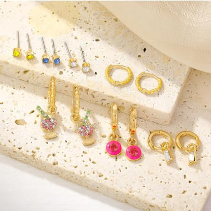 Gold Earrings Set for Women 14K Gold Plated Cubic Zirconia Love Heart Bowknot Clover Fruit Flower Insect Ocean Cross Huggie Hoop Earrings Stud Earrings Set for Multiple Piercing Party Jewelry Gifts - style: Fun Cocktail