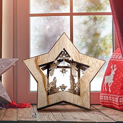 Bucherry Wooden Nativity Scene Christmas Decoration LED, Star - style: Star