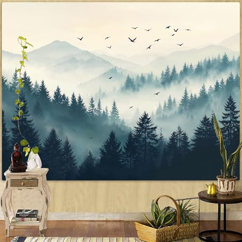 Haibimen Forest Mountain Tapestry Wall Hanging Green Pine Tree Bird Nature Forest Tapestrise for Bedroom Morning Mist Aesthetics Wall Decor for Living Room Dorm (forest-2, 48''×36'') - color: green yellow, size: 48"L x 36"W