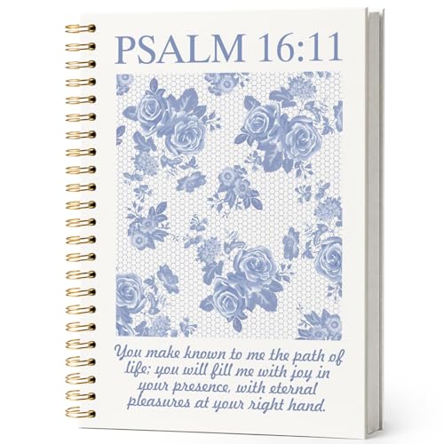 Blue Floral Christian Notebook Journal, Christian Gifts for Women, Psalm 16:11 Bible Verse Notebooks for Work, Prayer Religious Rose Flower Hardcover Spiral Notebook Journal 5.5x8.3 - color: PSALM 16:11
