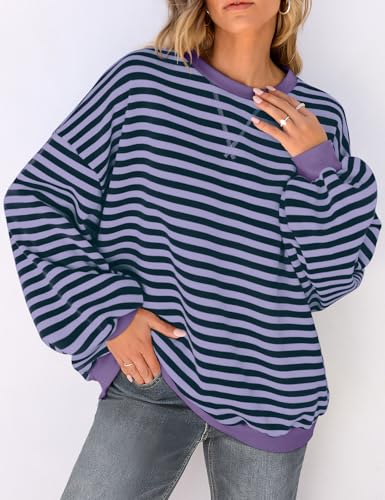 UEU Women Oversized Striped Crewneck Sweatshirt Long Sleeve Casual Pullover - color: Blue Purple Stripe, size: Small