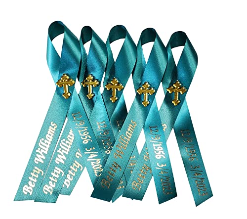 Personalized Memorial Service Funeral Ribbon Pins 20 Cross Religious Celebration of Life Custom Made Awareness Remembrance Anniversary Death Cross Sympathy Name Angel - color: Teal