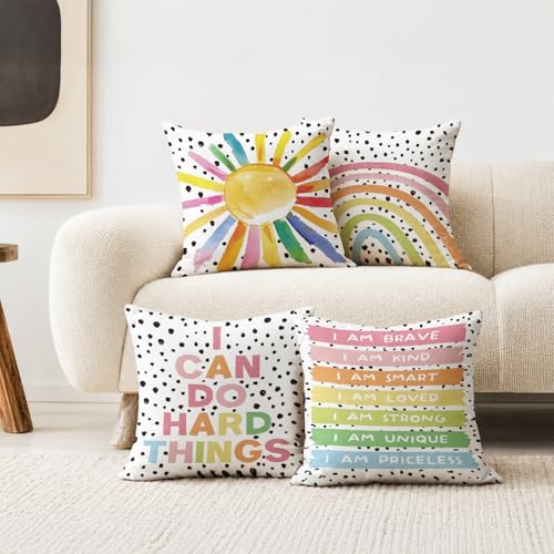 Boho Classroom Decorative Pillow Covers,Inspirational Colourful Sun Rainbow Throw Pillow Covers Decor for Nursery Playroom Living Room Kids Bedroom,18x18 Inch Pillowcase Set of 4 - color: I Can Do Hard Things